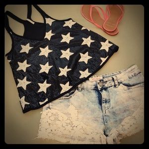 Anthropologie Easel Black White Sequin Stars Crop
